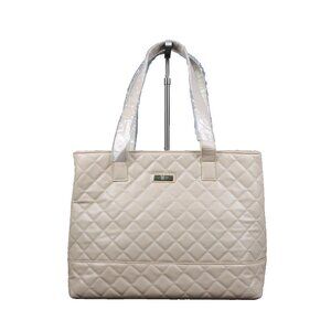 GiGi Hill 16 x 13 x 6 Tan Pink Lining Quilted Inner Pockets Shoulder Purse